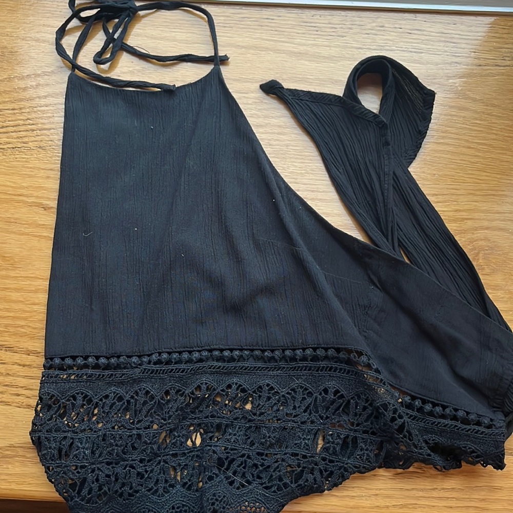 Small Black Halter Tie Open Back Top